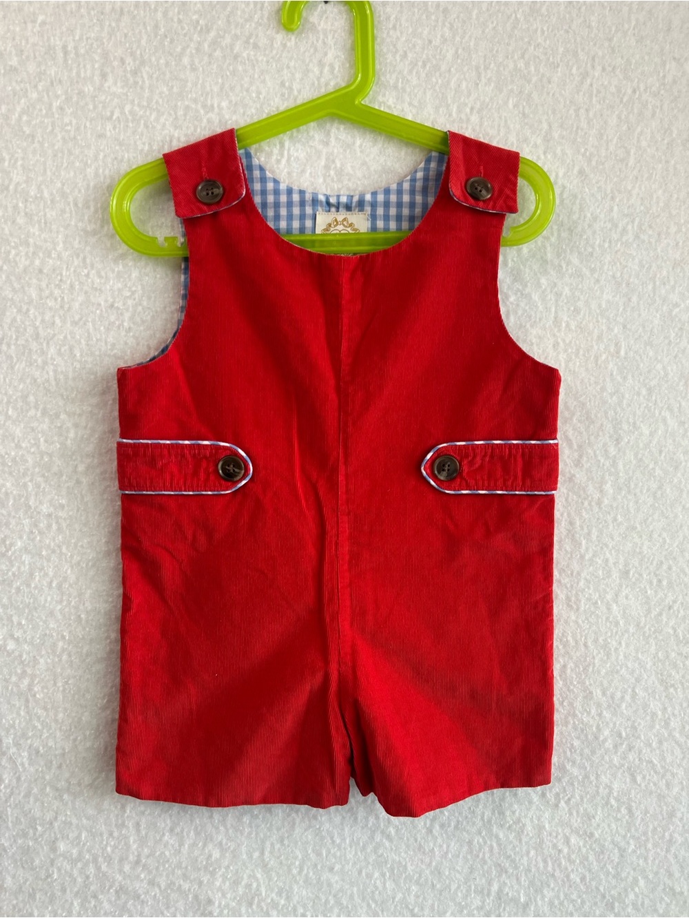 The Beaufort Bonnet Company Red Corduroy Romper w/ Blue Gingham Trim. 3T unisex